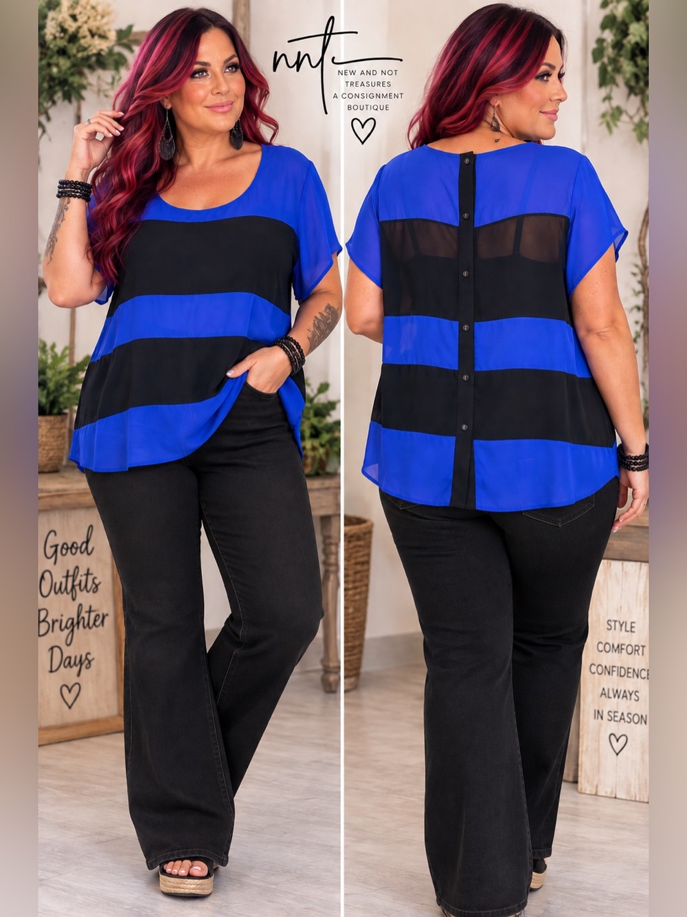 torrid Blue and Black Striped Button-Back Blouse